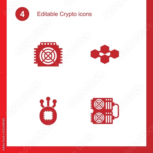 4 crypto filled icons set isolated on . Icons set with ASIC Miner, blockchain, Fork, mining farm icons.