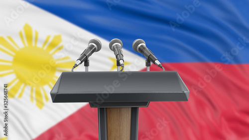 Podium lectern with microphones and Philippine flag in background