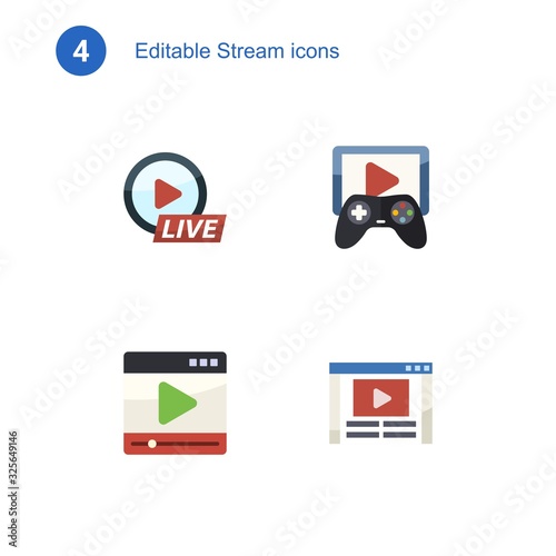 4 stream flat icons set isolated on . Icons set with Live Event Streaming, Game streaming, media player, Video blog icons.