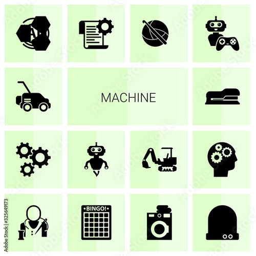 14 machine filled icons set isolated on white background. Icons set with Lawnmower, cogwheel, AI Robot, Stapler, AI Pattern, Self-learning, crochet, NPC, tailor, Bingo icons.
