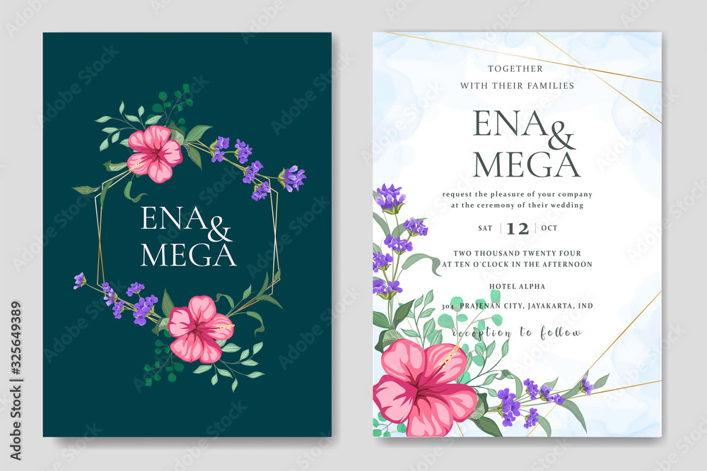 Elegant wedding invitation card set with beautiful flowers and leaves Elegant wedding invitation card set with beautiful flowers and leaves