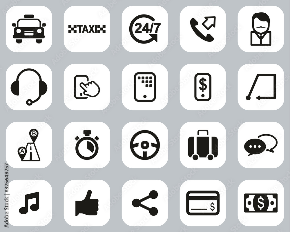 Taxi Or Taxi Service Icons Black & White Flat Design Set Big