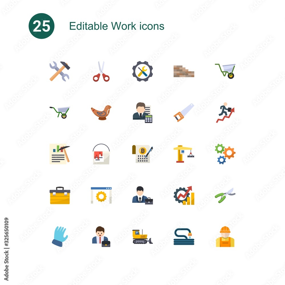 25 work flat icons set isolated on . Icons set with tools, Scissors, Repair service, Wheelbarrow, Toys making, Accountant, Data mining, paint bucket, Smart Contract, toolbox icons. 25 work flat icons set isolated on . Icons set with tools, Scissors, Repair service, Wheelbarrow, Toys making, Accountant, Data mining, paint bucket, Smart Contract, toolbox icons.
