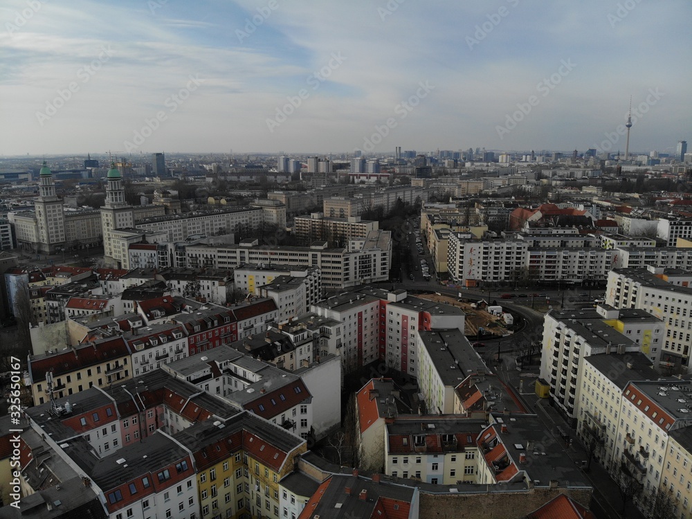 Aerial view of Frankfurter Tor, Bersarinplatz, Berlin Friedrichshain, Germany