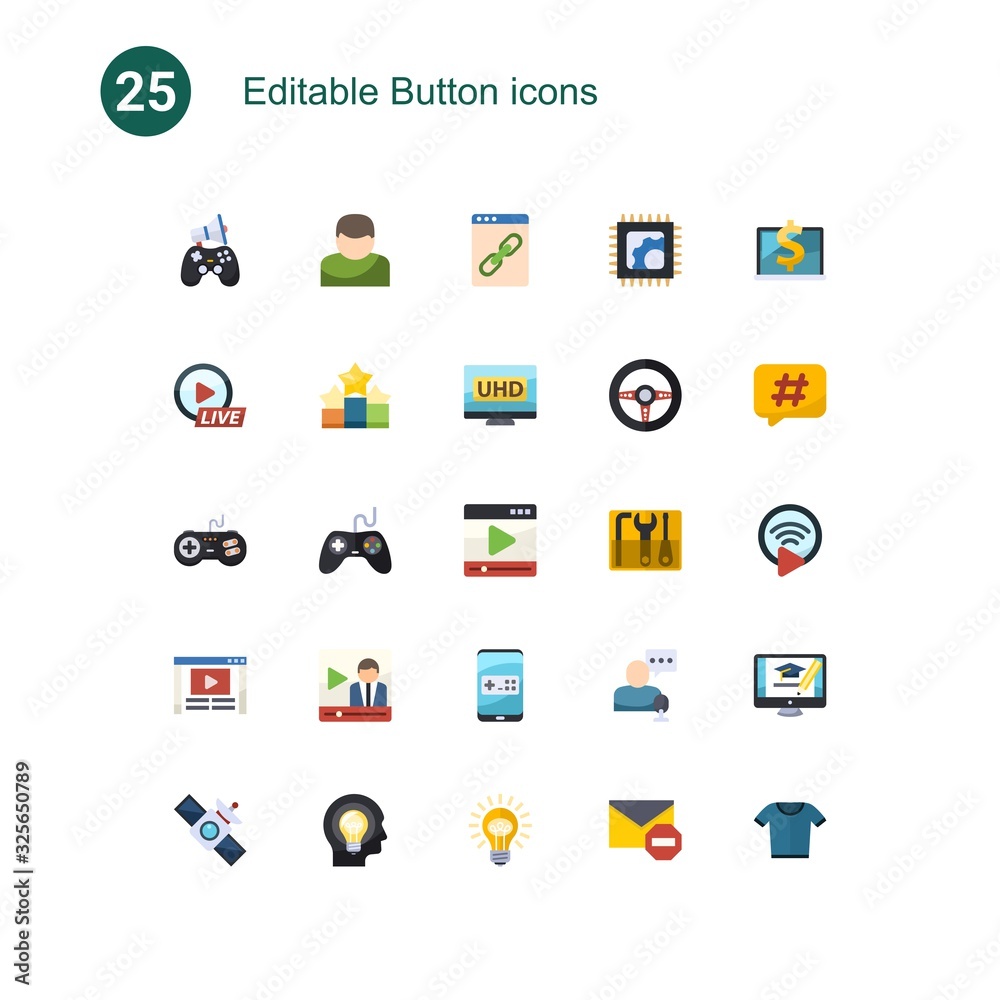 25 button flat icons set isolated on . Icons set with In-game Advertising, User, Web Link, Live Event Streaming, Ranking, 4K Streaming, joystick, Gaming, media player, Video blog icons. 25 button flat icons set isolated on . Icons set with In-game Advertising, User, Web Link, Live Event Streaming, Ranking, 4K Streaming, joystick, Gaming, media player, Video blog icons.