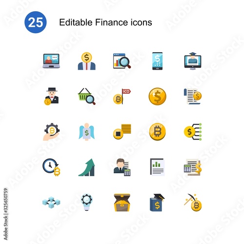 25 finance flat icons set isolated on . Icons set with eCommerce solutions, Entrepreneurship, Web analytics, rich man, Marketing research, Initial Coin Offering, fintech industry icons.