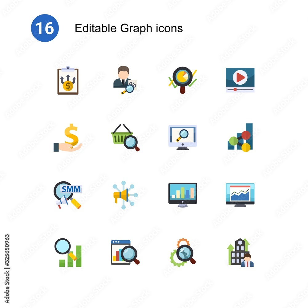 16 graph flat icons set isolated on . Icons set with Business Planning, tax consultant, Marketing analytics, investment, Marketing research, analytics app, Social Marketing icons.