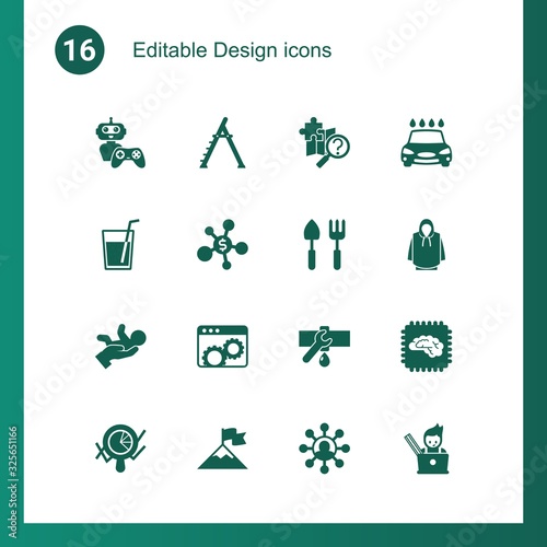 16 design filled icons set isolated on . Icons set with NPC, stepladder, quest, drinks, Business networking, Gardening tools, babysitting service, Website optimization icons.