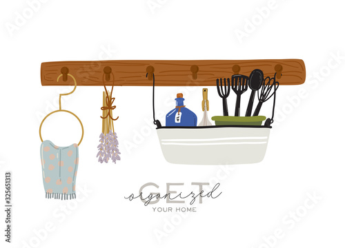 Stylish Scandinavian kitchen interior - stove, table, kitchen utensils, fridge, home decorations. Cozy modern comfy apartment furnished in Hygge style. Vector illustration