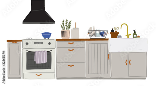 Stylish Scandinavian kitchen interior - stove, table, kitchen utensils, fridge, home decorations. Cozy modern comfy apartment furnished in Hygge style. Vector illustration