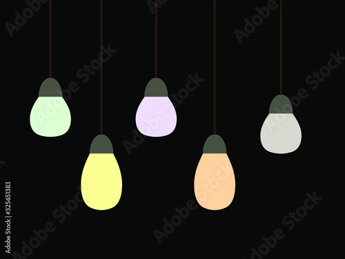 Five lamps of different glow on a black background