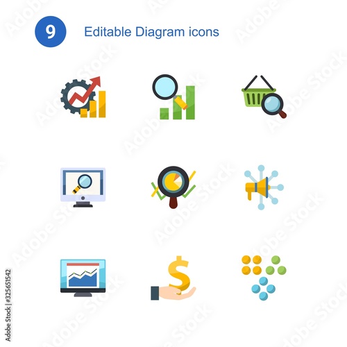 9 diagram flat icons set isolated on . Icons set with Productivity, Semantic Analysis, Marketing research, analytics app, Marketing analytics, Advertising Networks, statistics icons.