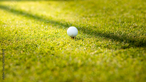 Golf ball on green grass on blurred grass with sunrise,sunset time on background. 16/9