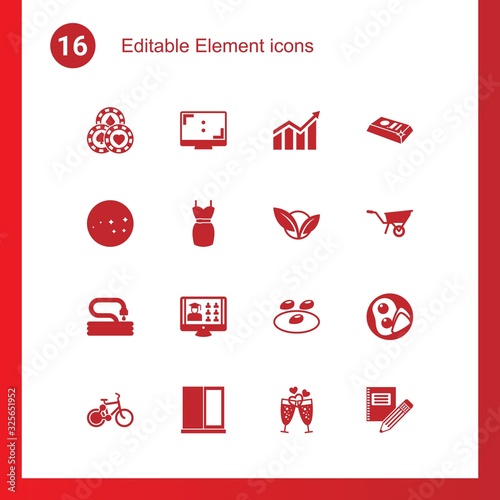 16 element filled icons set isolated on . Icons set with Casino, Aspect Ratio, Profit, constellation, dress, vegetarian, Garden hose, Free Shipping, seeds, bike sharing icons.