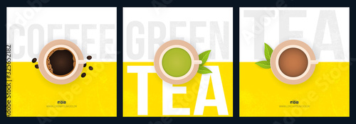 Set of Tea and Coffee time banners on white and yellow backgrounds with tea leaves.