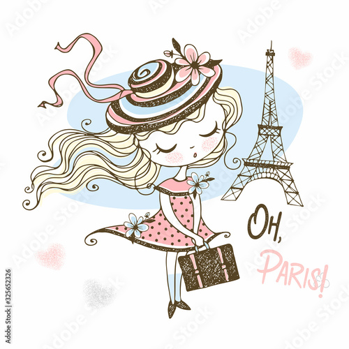 Cute girl in a hat with a suitcase in Paris. Travel. Vector