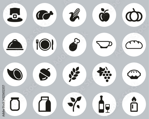 Thanksgiving Holiday Dinner & Tradition Icons Black & White Flat Design Circle Set Big