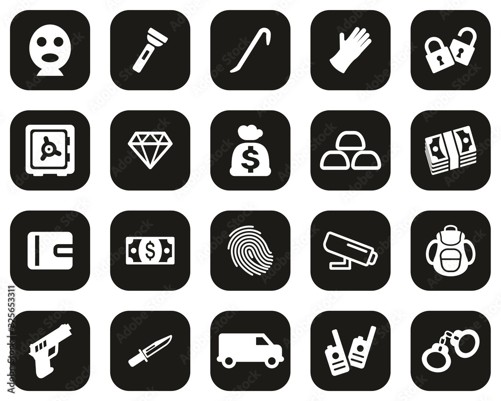 Thief Or Burglar Icons White On Black Flat Design Set Big Thief Or Burglar Icons White On Black Flat Design Set Big