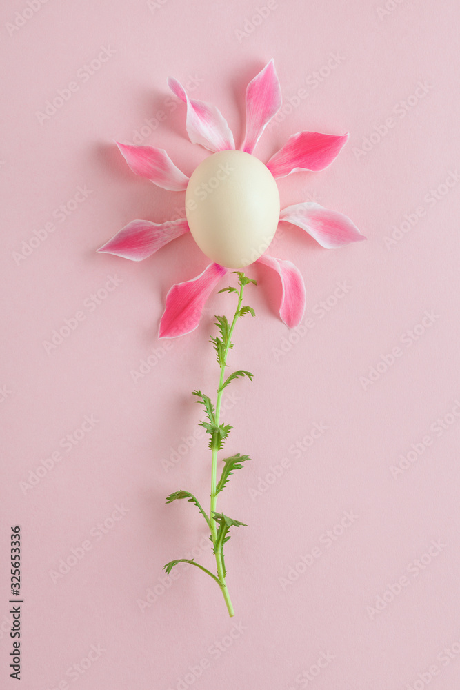 Fototapeta premium creative minimal concept, flower made of pink petals and chicken egg on pastel background, easter card, spring greetings