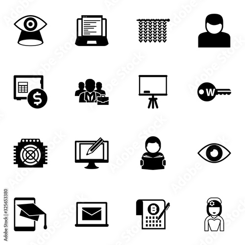 16 pictogram filled icons set isolated on white background. Icons set with Vision, Web Development, Knitting, rent deposit, business people, Board stand, ASIC Miner, Digital illustration icons.