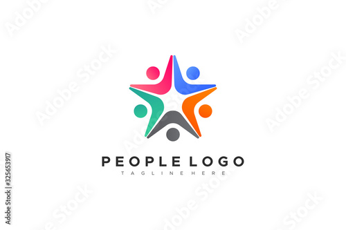 Colorful Five Star Icon Abstract People Logo isolated one white background. Flat Vector Logo Design Template Element.