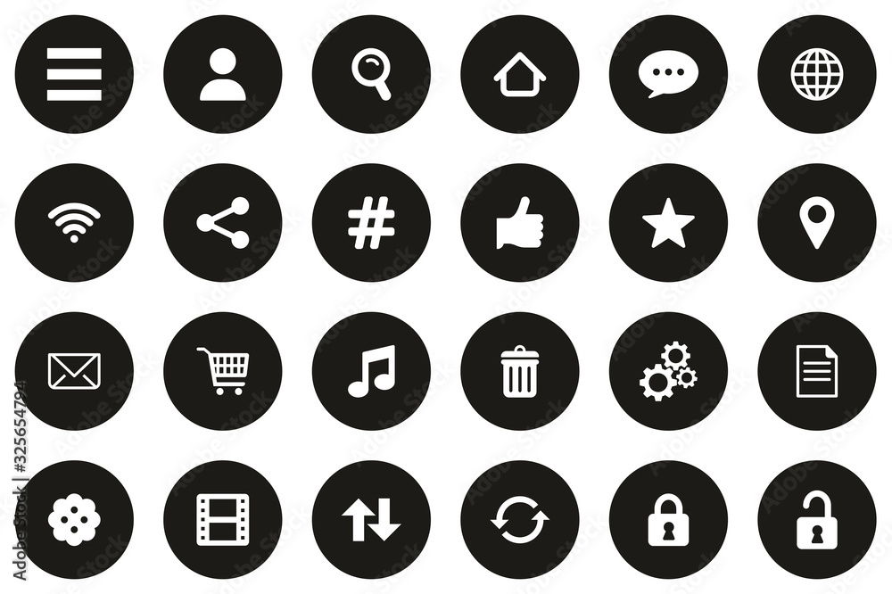 Toolbar & Menu Icons White On Black Flat Design Circle Set Big Toolbar & Menu Icons White On Black Flat Design Circle Set Big