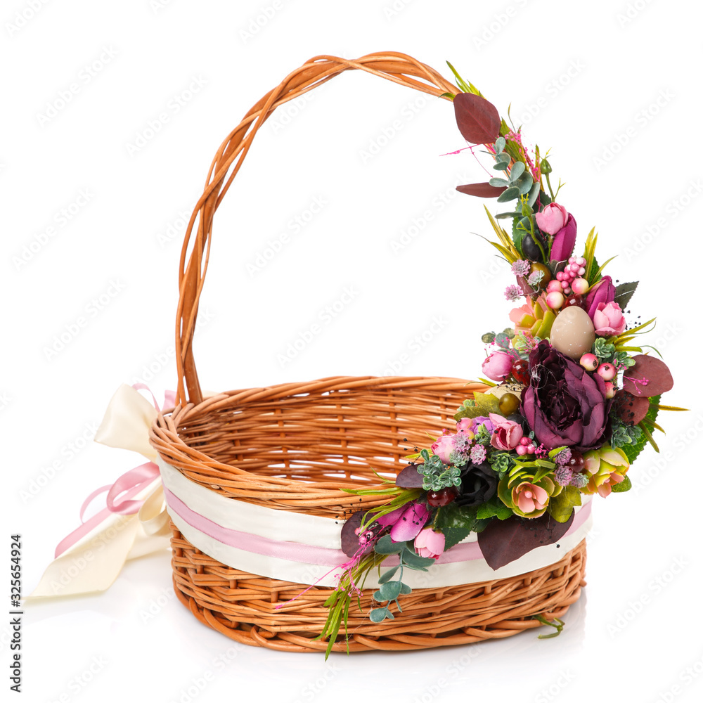Beautiful floral composition with purple flowers, greenery and ribbons on white background. Beautiful floral composition with purple flowers, greenery and ribbons on white background.