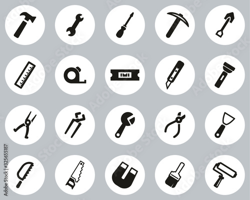 Tools Icons Black & White Flat Design Circle Set Big