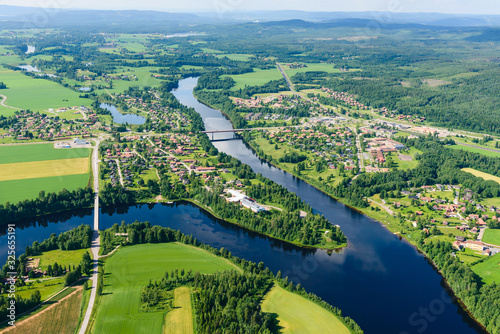 Aerial view of fields and river, Djurås, Dalarna, Sweden photo