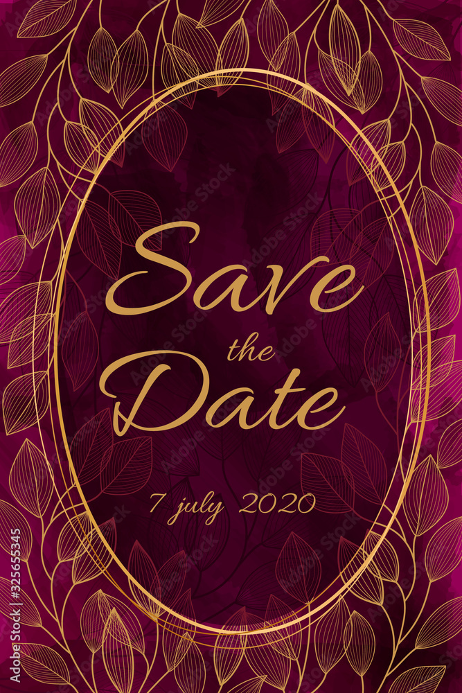 Watercolor burgundy background with golden leaves. Bright wedding invitation, celebration, save the date. Fashionable design in a contemporary style. Hand painted paints. Watercolor burgundy background with golden leaves. Bright wedding invitation, celebration, save the date. Fashionable design in a contemporary style. Hand painted paints.