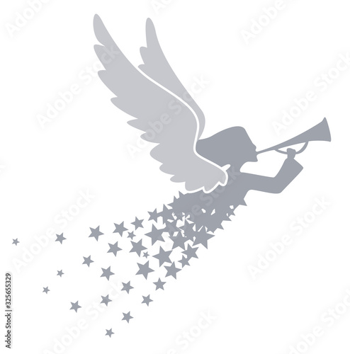 a silver colored angel with a trumpet and a dress of stars
