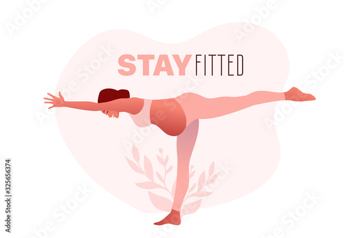 Pregnant woman practicing yoga exercise, yoga pose. Stay fitted type. Design concept of web page design or mobile website. International Yoga Day. Vector illustration