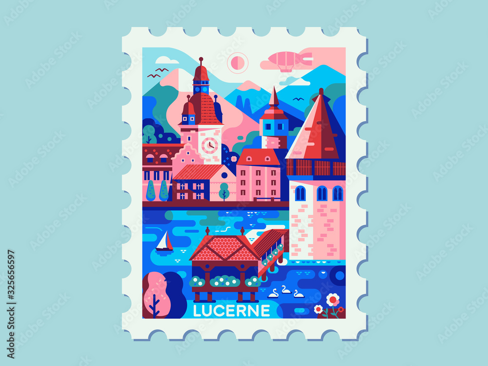 Alps Mountains Town Lucerne Vintage Travel Mark