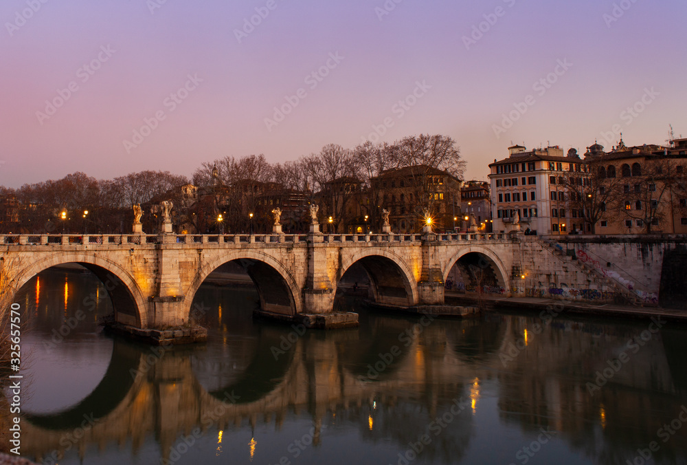 View of Aelian Bridge or Pons Aelius at sunset in Rome