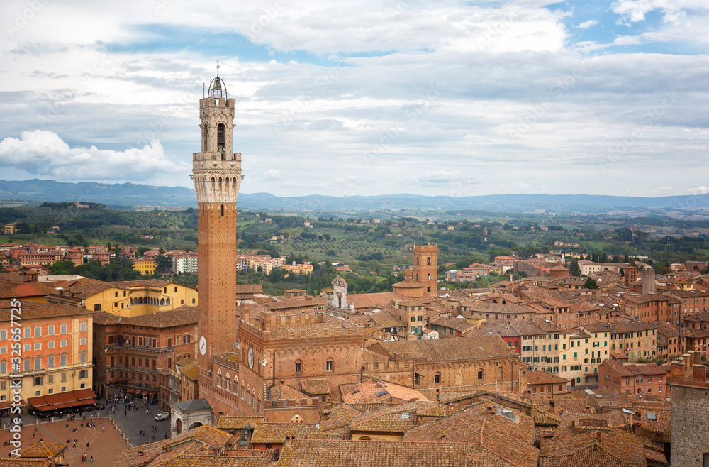 Siena,Top view of the Old Town - Piazza del Campo, Palazzo Pubblico di Siena, Torre del Mangia. Tuscany, Italy.