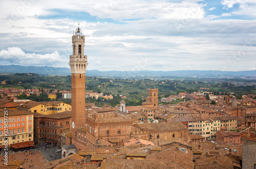 Siena,Top view of the Old Town - Piazza del Campo, Palazzo Pubblico di Siena, Torre del Mangia. Tuscany, Italy.