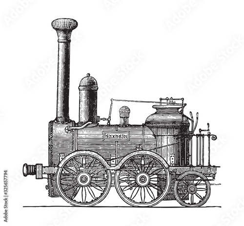 Old locomotive - Saxonia (1838) / vintage illustration from Brockhaus Konversations-Lexikon 1908