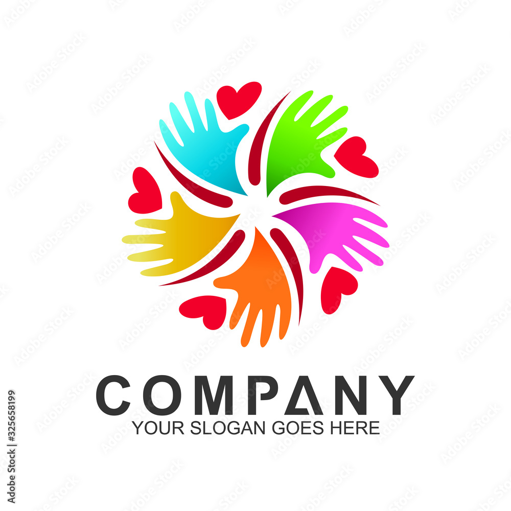 Obraz premium community care vector, people group, social relationship icon, charity symbol, human caring, kids and adoption logo, people teamwork, colorful and circular people logo design template
