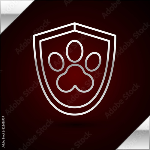 Silver line Animal health insurance icon isolated on dark red background. Pet protection icon. Dog or cat paw print. Vector Illustration