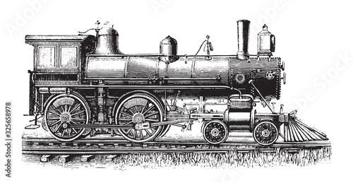 Old locomotive / vintage illustration from Brockhaus Konversations-Lexikon 1908