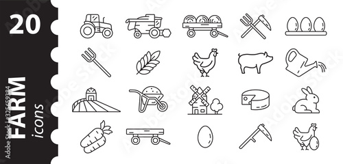 Farm icon set. Linear symbols of animals  plants  tractor  harvester  barn on an isolated white background. Vector illustration in flat style.