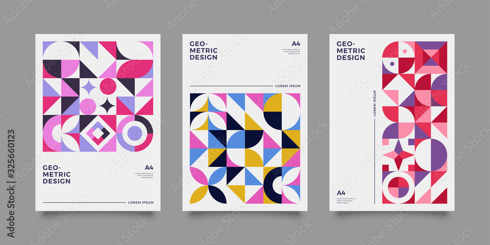 Fototapeta premium Retro covers for annual report, brochure. Vintage shape compositions in bauhause style. Vector illustration