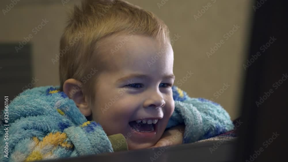 Joyful Emotions Expression of Happiness On Child Face. Little Boy Watching Cartoons Video on Laptop Computer Joyful Emotions Expression of Happiness On Child Face. Little Boy Watching Cartoons Video on Laptop Computer