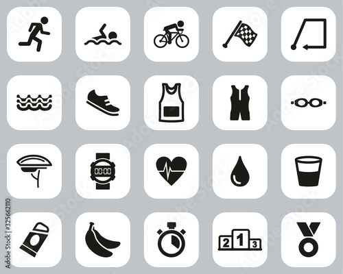 Triathlon Race & Equipment Icons Black & White Flat Design Set Big