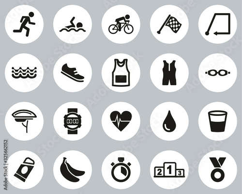 Triathlon Race & Equipment Icons Black & White Flat Design Circle Set Big