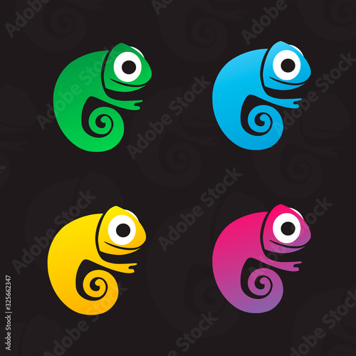 Vector illustration of a green,blue,yellow and purple violet iridescent chameleons .Colorful chameleons. Vector logo for children club with cute chameleon.