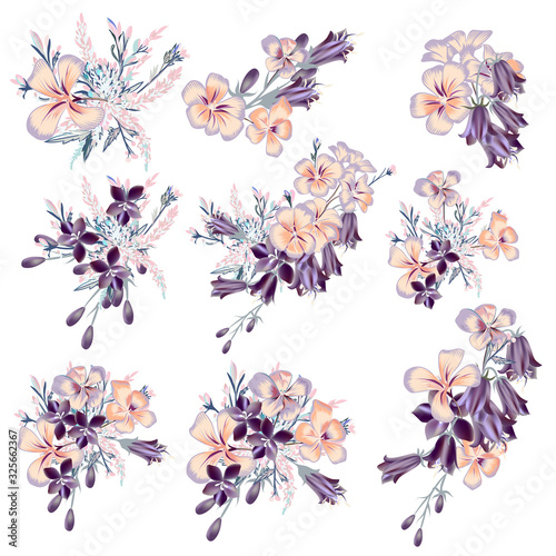 Collection of vector purple flowers compositions for wedding designs, invitat...