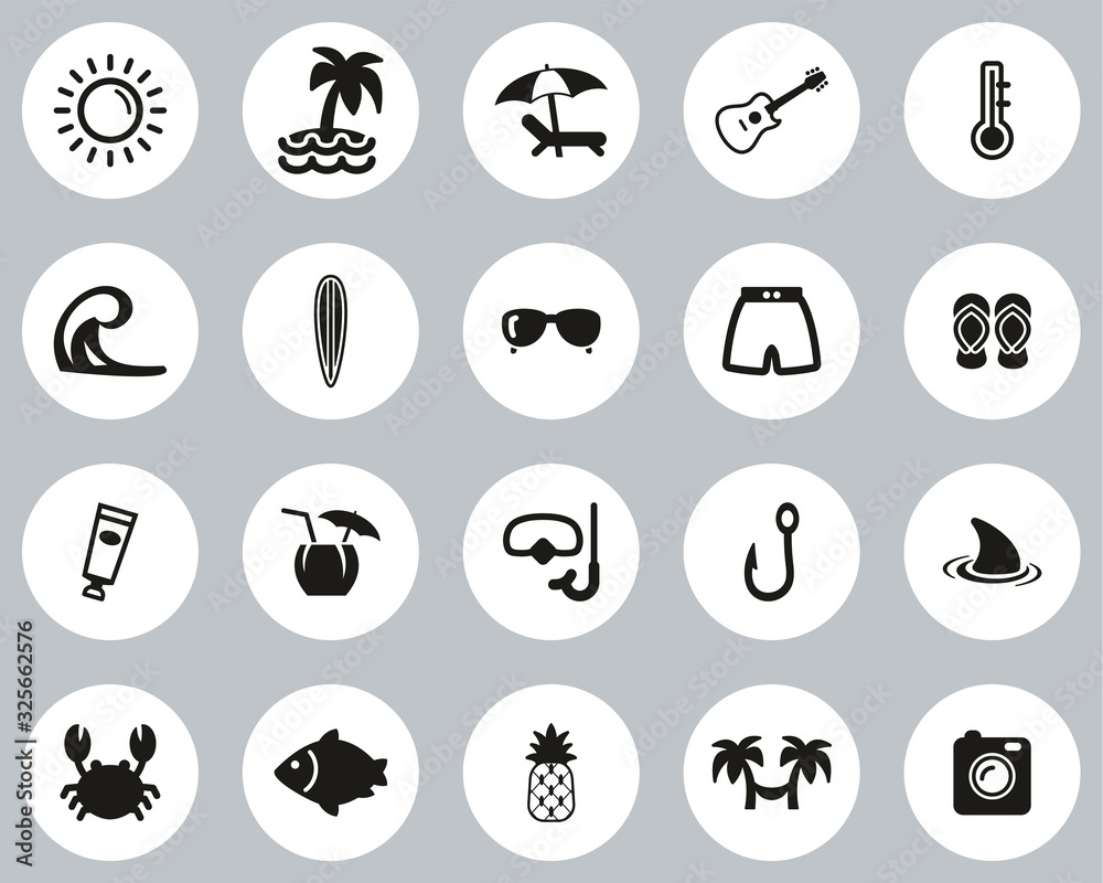 Tropical Lifestyle Icons Black & White Flat Design Circle Set Big