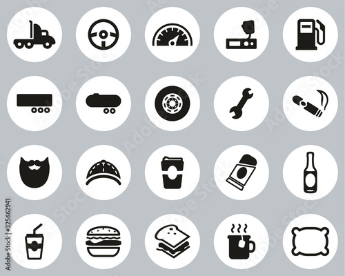 Truck Driver Icons Black & White Flat Design Circle Set Big