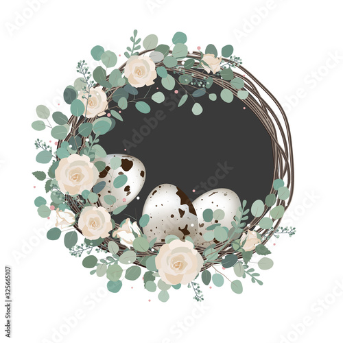 Happy Easter Spring vector card with roses, eucalyptus branches, and quail eggs. Rustic vintage composition on white, home decor